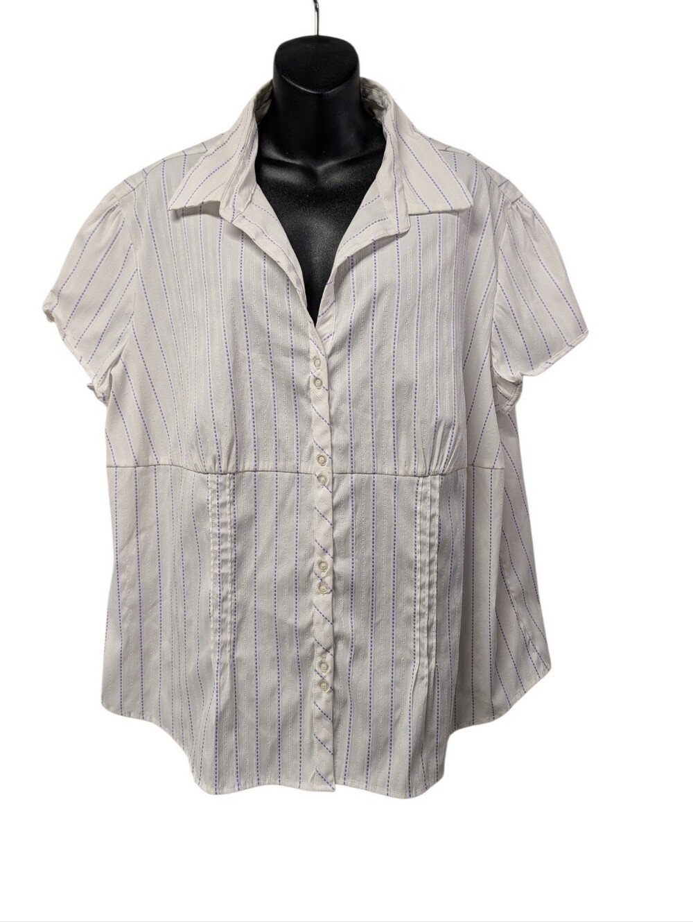 DCC Woman White Purple Striped Stretch Button-Up Collared Blouse 3X Plus